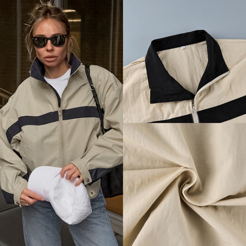 Vintage Windbreaker Nylon - Damen-Windjacke mit Farbblock-Design, Stehkragen, Reißverschluss, lockerer